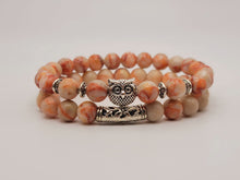 Load image into Gallery viewer, Radiant Peach Aventurine Owl Bracelet Set 8mm Stretch Beads, 2-Piece Pairing Set
