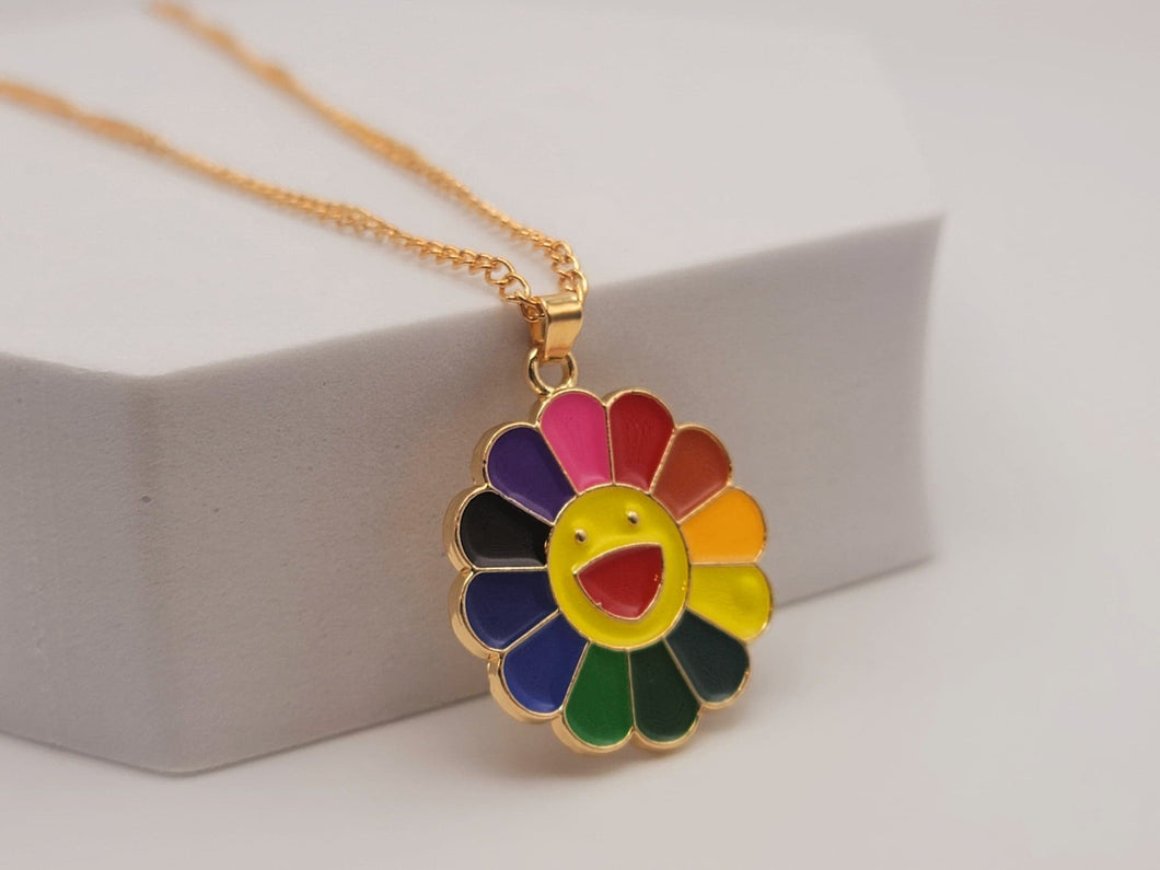 Aesthetic Handmade Smiley rainbow flower Necklace Cute Trendy