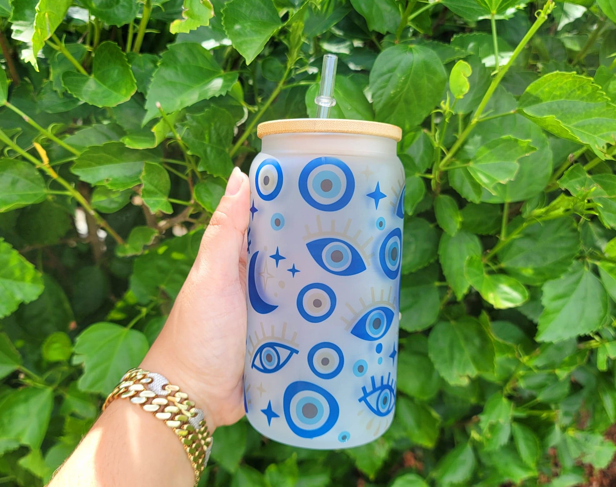 Evil Eye Beer Can Glass | Boho Coffee Glass | Aesthetic Coffee Glass | 16 OZ