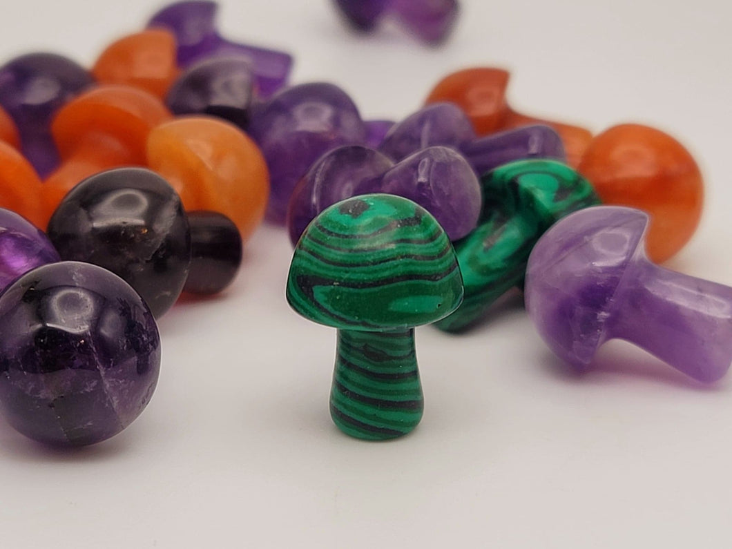 One Tumbled Mushroom crystal Grade A++ Malachite, Carnelian, Amethyst