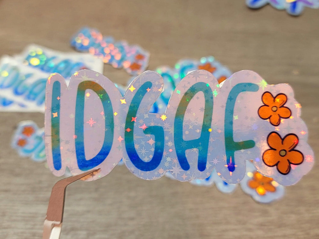 IDGAF Holographic Waterproof 90s Nostalgia Rainbow Vinyl Sticker,