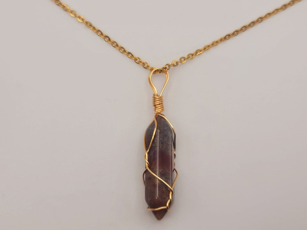 Indian Agate Point Necklace Gold Wire Wrapped Healing Crystal Point