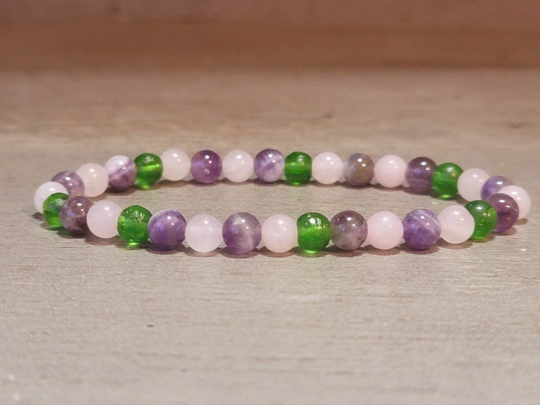 Natural Moldavite, Rose Quartz & Amethyst 4mm Stretch Bracelet.