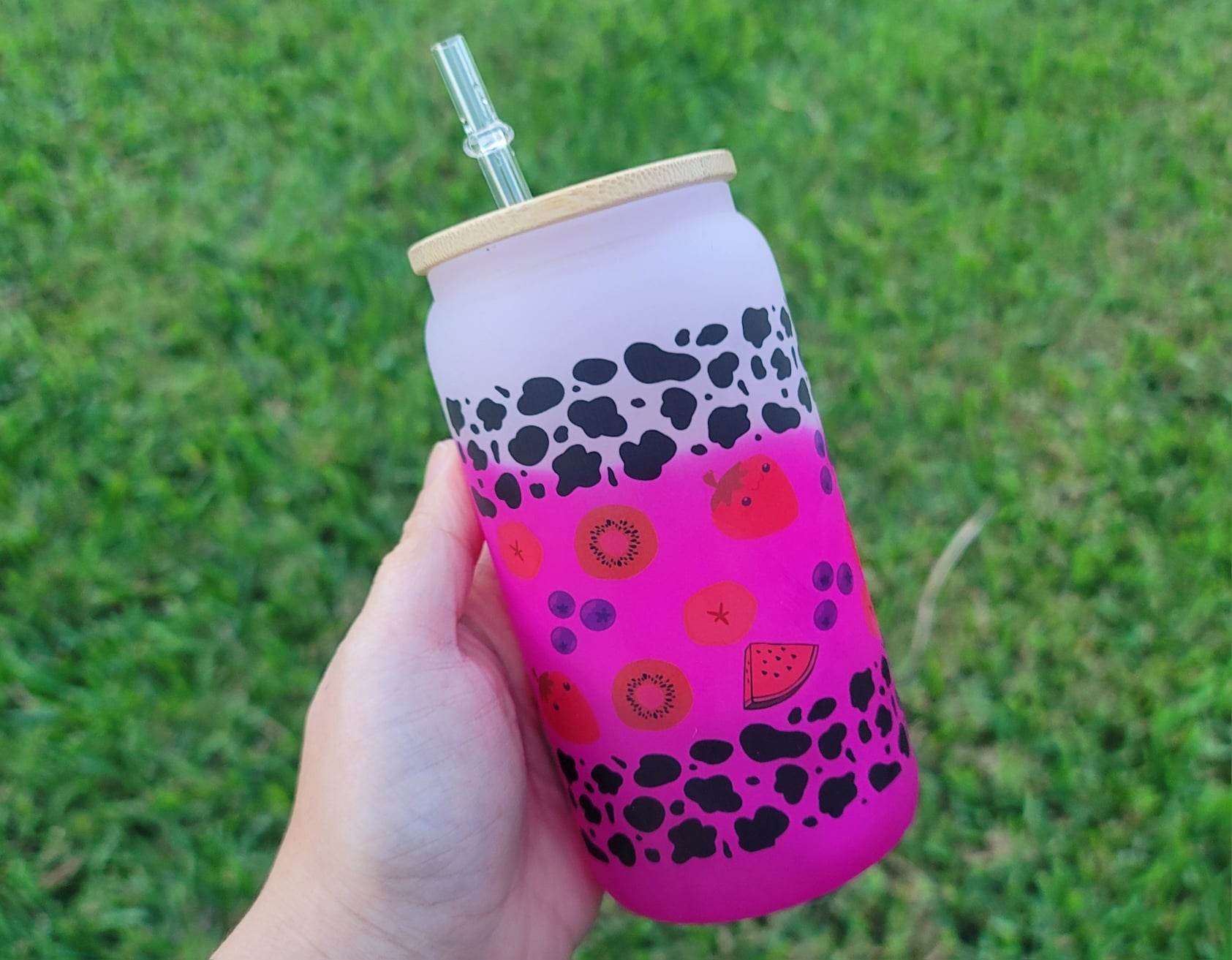 Cute Cow Beer Can Iced Coffee Glass Cup With Lid and Straw Glass