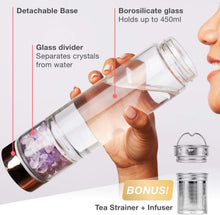 Load image into Gallery viewer, Crystal Glass Gem Water Bottle with Tea Infuser Wellness Glass Stainless Steel
