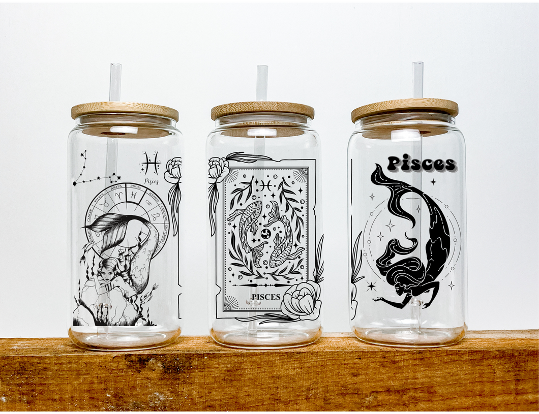 Pisces  Sign Zodiac Sign Glass Tumbler, 16oz Iced Coffee Cup, Birthday Gift for Her