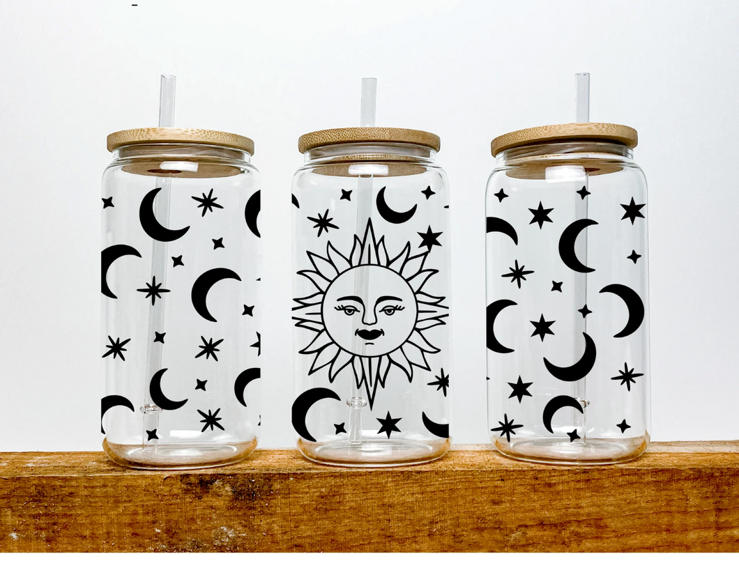 Sun & Moon Witchy Can Glass Witchy Gifts Sun | Boho Coffee Glass