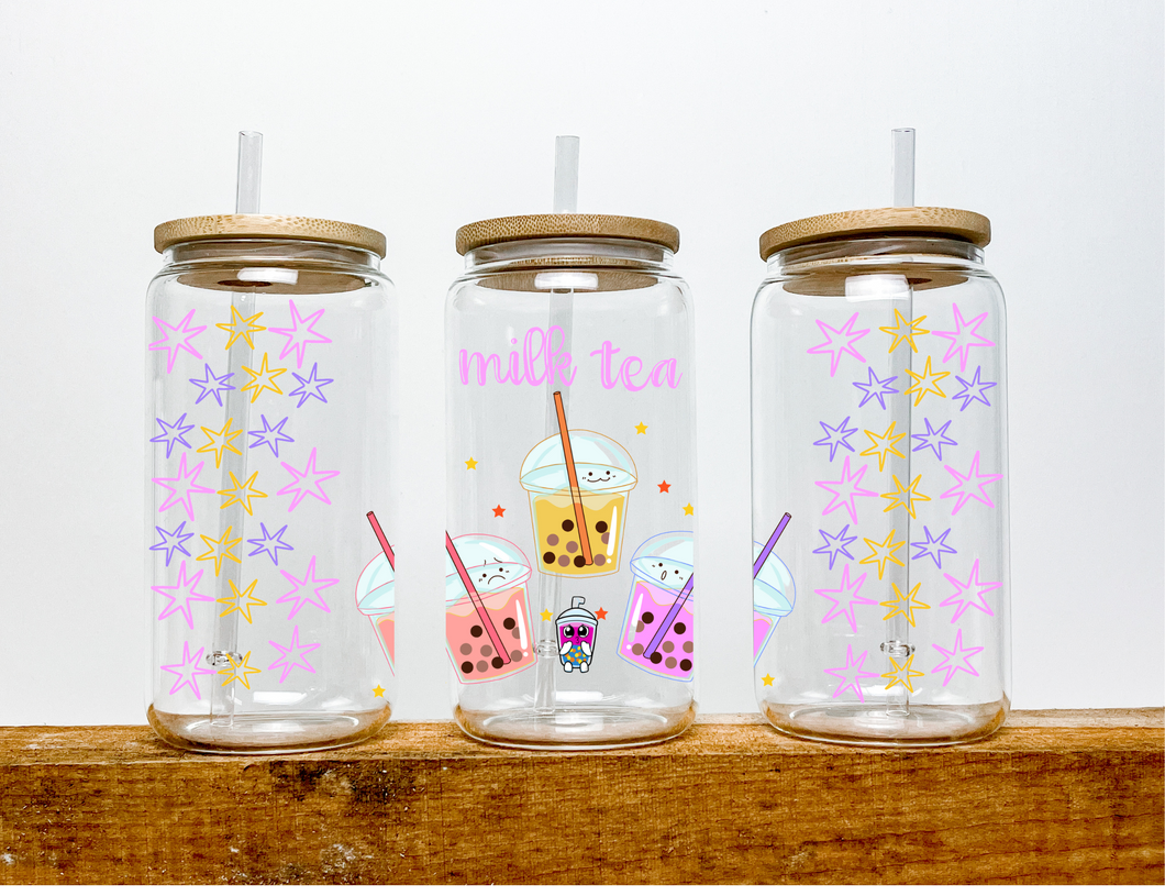 Milk Tea Stars | Boho Kawaii Coffee Glass | Aesthetic Coffee Glass | 16 oz