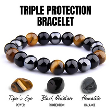 Load image into Gallery viewer, Triple Protection Bracelet For  Luck And Prosperity. Hematite - Black Obsidian - Tiger Eye
