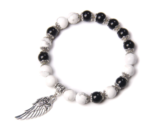 Silver Color Onix Angel Wing Bracelet - INNER STRENGTH + FOCUS + PROTECTION