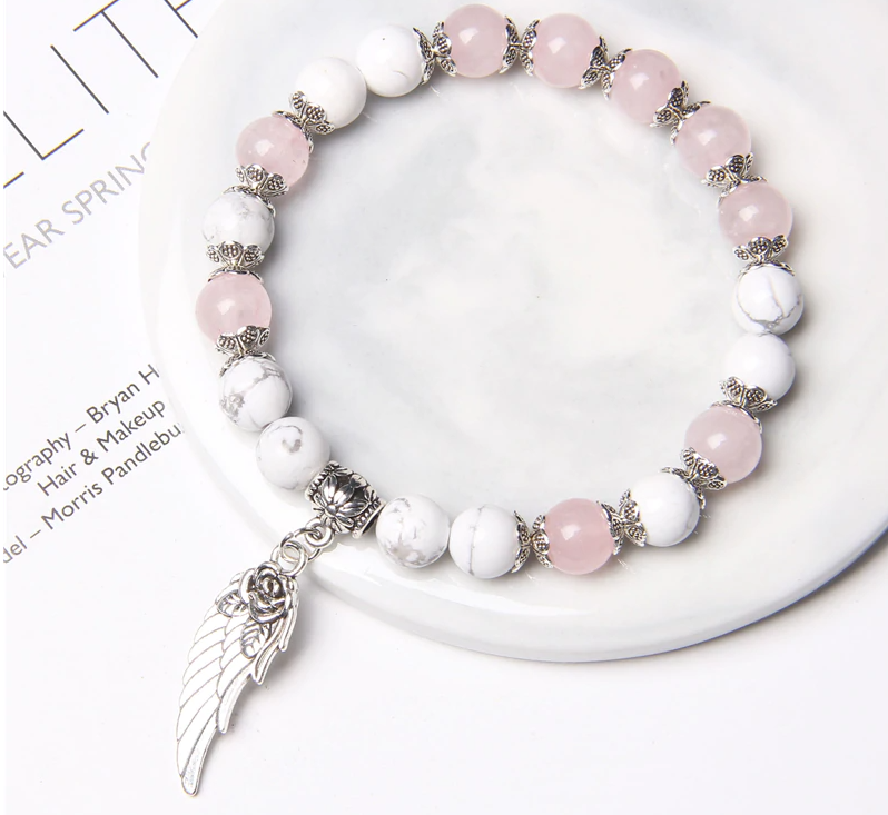 Angel Wing Bracelet Natural Pink Quartz - Self Love & Romance