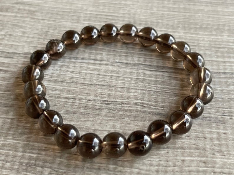 Smoky Quartz Crystal Bead Bracelet 8mm, Genuine Gemstone Bracelet, Protection Relieves Stress Anxiety