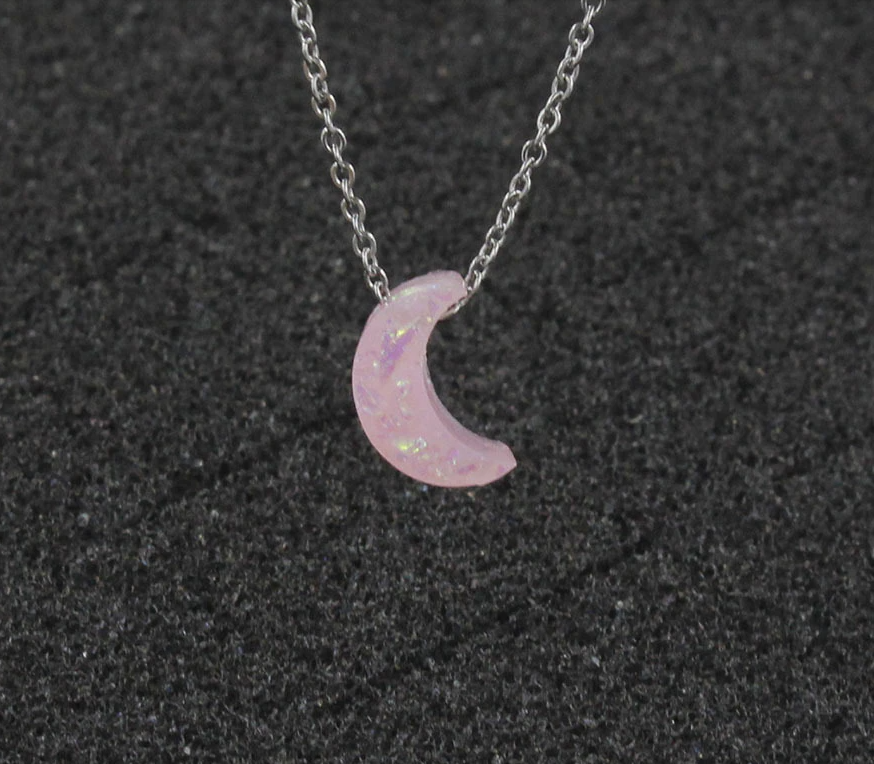 Crystal Necklace Silver tone,  Moon Necklace Rose Moon Pink Moon